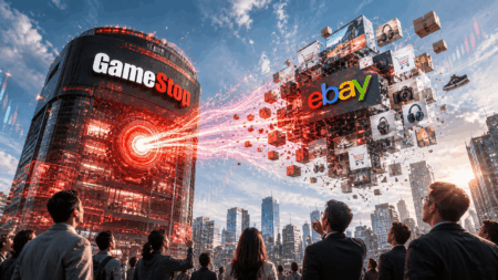 GameStop Bidik Akuisisi eBay Senilai $56 Miliar Crowd of businesspeople watching a futuristic display: a tall GameStop tower emits red energy toward a floating eBay cube collage over a city skyline.