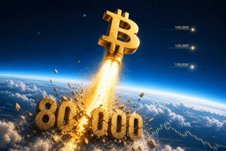 Bitcoin Naik Tajam, Target $84K Didekati Bitcoin-themed rocket ship made from a gold Bitcoin logo blasting upward, signaling a price surge from 80,000 to higher values in space.