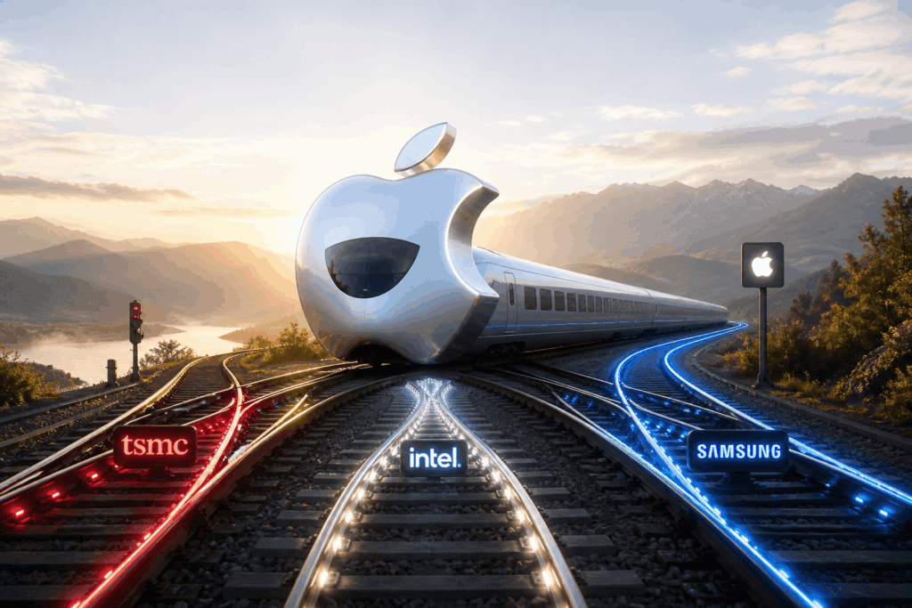 Apple Jajaki Kerja Sama Chip di AS Futuristic high-speed train on glowing tracks with brand signs for TSMC, Intel, and Samsung, and an Apple-logo train against a sunrise landscape.