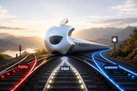 Apple Jajaki Kerja Sama Chip di AS Futuristic high-speed train on glowing tracks with brand signs for TSMC, Intel, and Samsung, and an Apple-logo train against a sunrise landscape.