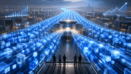 Palantir Tumbuh 85%, Permintaan AI Melebihi Kapasitas Futuristic data center with glowing blue cube servers streaming toward a central core as a city skyline glows in the distance, with several people on a platform observing.