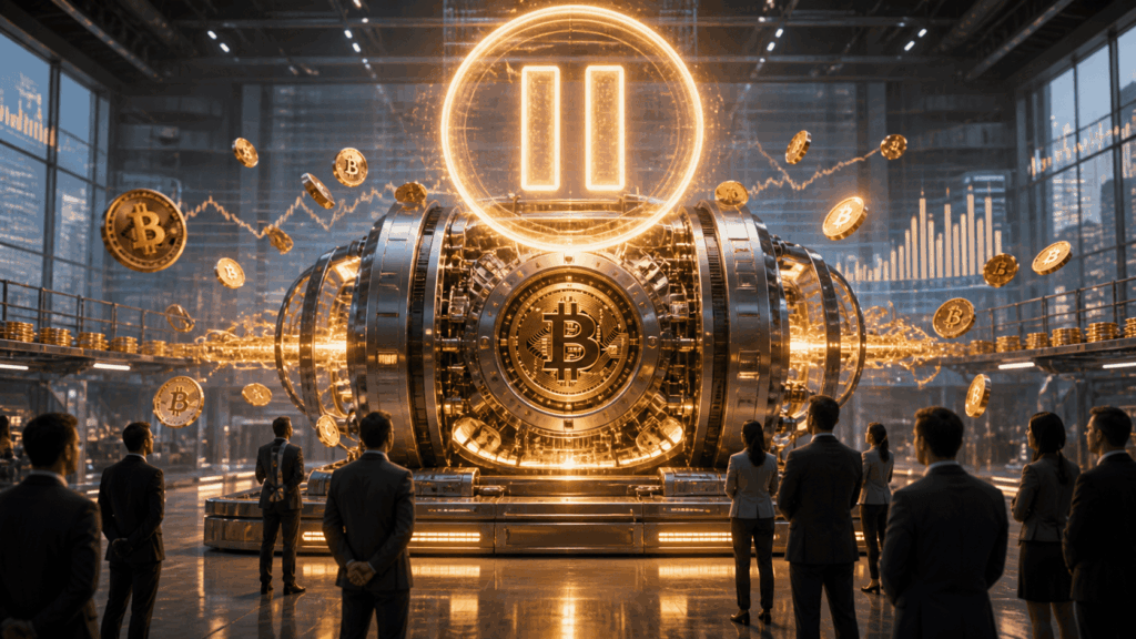 Strategy Tunda Pembelian Bitcoin Jelang Earnings High-tech Bitcoin vault: a massive secure chamber with a glowing Bitcoin symbol and flying coins, observed by suited professionals.