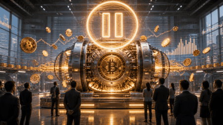 Strategy Tunda Pembelian Bitcoin Jelang Earnings High-tech Bitcoin vault: a massive secure chamber with a glowing Bitcoin symbol and flying coins, observed by suited professionals.