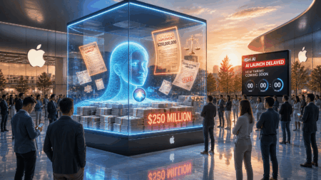 Apple Bayar $250 Juta Usai Siri AI Tertunda Futuristic glass cube display with a blue holographic head, stacks of cash, and legal papers labeled $250 million, surrounded by businesspeople.