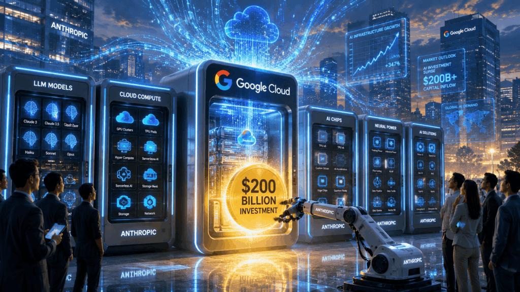 Anthropic Siapkan Investasi AI $200 Miliar ke Google Futuristic data center with blue-lit server pods and a central golden coin stating $200 billion investment, surrounded by people and a robotic arm.
