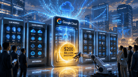 Anthropic Siapkan Investasi AI $200 Miliar ke Google Futuristic data center with blue-lit server pods and a central golden coin stating $200 billion investment, surrounded by people and a robotic arm.