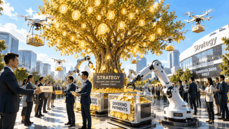 Strategy Pertimbangkan Jual Bitcoin untuk Bayar Dividen Businesspeople in suits gather around a golden Bitcoin tree, with robotic arms harvesting coins and a nearby sign reading STRATEGY: Building long-term value, sharing today.