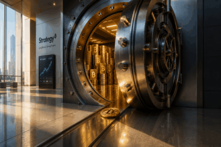 Strategy Bisa Jual Bitcoin Demi Stabilkan Pasar Open bank vault with stacked Bitcoin coins inside; a single Bitcoin sits on the shiny floor near the rail."