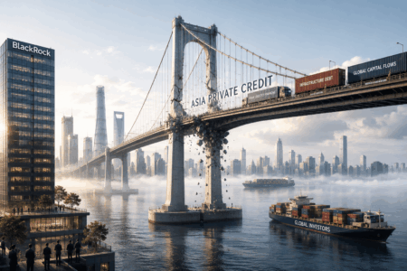 Bridge with a large banner reading 'ASIA PRIVATE CREDIT' over a city harbor, container ships and a tall skyline including a BlackRock office building in the foreground.