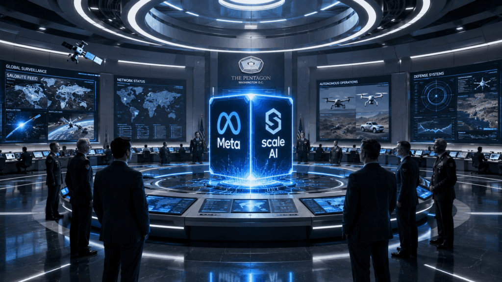 Meta Dukung Scale AI Raih Kontrak Strategis Pentagon Futuristic Pentagon command room with a glowing blue holographic cube showing Meta and Scale AI logos at the center.
