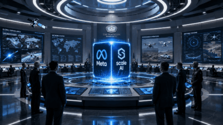 Meta Dukung Scale AI Raih Kontrak Strategis Pentagon Futuristic Pentagon command room with a glowing blue holographic cube showing Meta and Scale AI logos at the center.