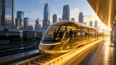 Harga Emas Bangkit, Safe Haven Kembali? Gold high-speed train at a sleek city platform with glass skyscrapers in the background at sunset—informative context of transit modernization.