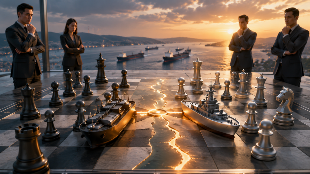 Harga Minyak Naik Lagi Usai Ketegangan Hormuz Kembali Four executives in suits stand around a giant chessboard with ship models, sunset over a harbor in the background.