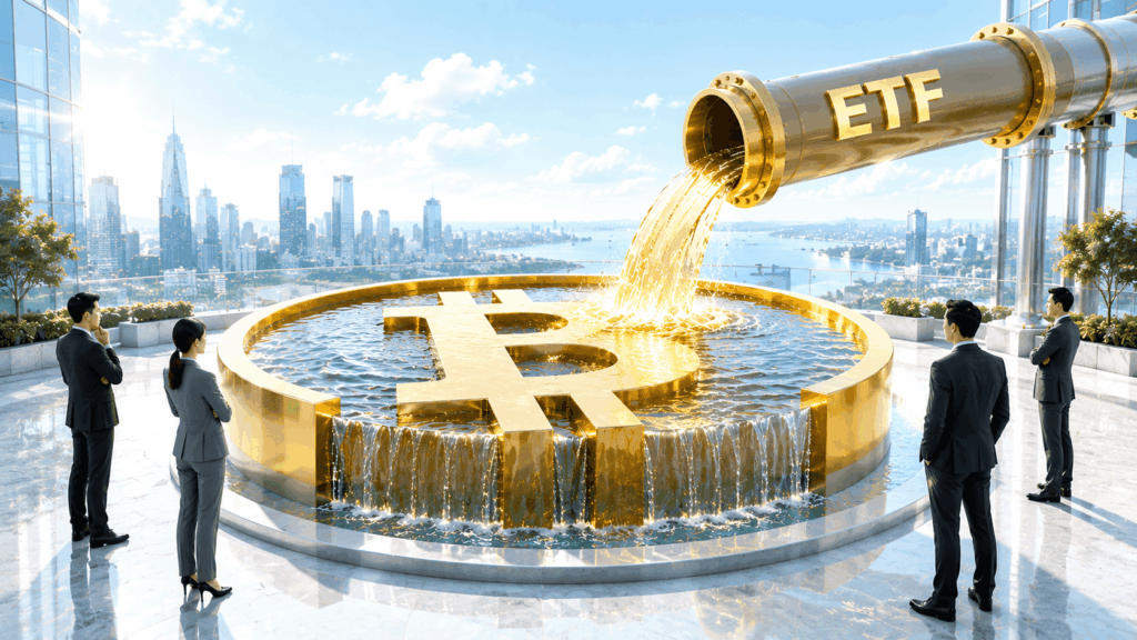 BTC Turun dari $80K Tapi ETF Masih Deras Giant gold Bitcoin statue in a circular fountain on a rooftop, with a gold ETF pipe pouring liquid into it while four professionals in suits look on.