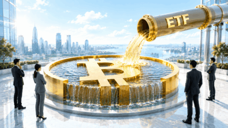 BTC Turun dari $80K Tapi ETF Masih Deras Giant gold Bitcoin statue in a circular fountain on a rooftop, with a gold ETF pipe pouring liquid into it while four professionals in suits look on.