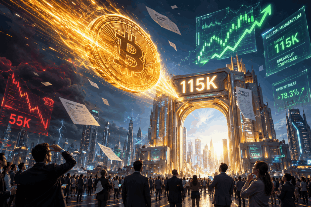 Bitcoin Dibidik Tembus $115K Desember Glowing Bitcoin coin blasts toward a futuristic arch as rising market charts loom above a crowd of professionals. 115K shown prominently.