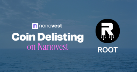 Pengumuman Penghapusan (Delisting) Koin ROOT Banner announcing coin delisting on Nanovest, featuring Nanovest logo and ROOT logo against an ocean backdrop.