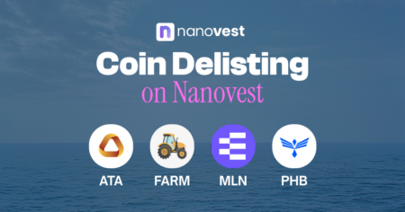 Pengumuman Penghapusan (Delisting) Koin ATA, FARM, MLN, dan PHB Banner announcing coin delisting on Nanovest with logos for ATA, FARM, MLN, and PHB over an ocean background.
