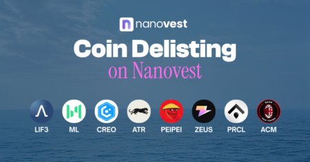 Pengumuman Penghapusan (Delisting) Koin LIF3, ML, CREO, ATR, PEIPEI, ZEUS, PRCL, dan ACM Nanovest banner announcing 'Coin Delisting on Nanovest' with eight crypto logos (LIF3, ML, CREO, ATR, PEIPEI, ZEUS, PRCL, ACM) along the bottom over an ocean background