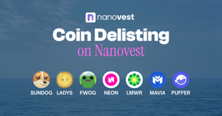 Pengumuman Penghapusan (Delisting) Koin SUNDOG, LADYS, FWOG, NEON, LMWR, MAVIA, dan PUFFER Nanovest banner announcing coin delisting with seven coin logos (SUNDOG, LADYS, FWOG, NEON, LMWR, MAVIA, PUFFER) over a sea background.
