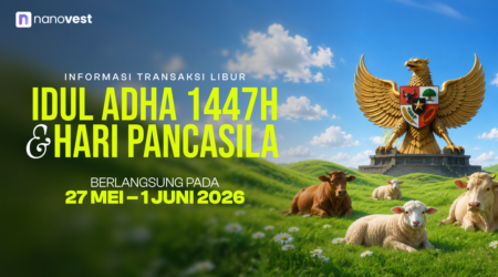 Libur Operasional Nanovest: Hari Raya Idul Adha 1447 H & Hari Pancasila Nanovest promotional banner announcing Idul Adha 1447H and Pancasila Day holidays (May 27–June 1, 2026) with a Garuda statue and green pastoral scene.