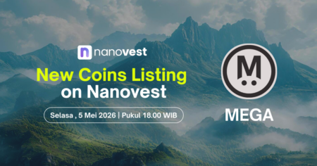 Pengumuman Listing Koin Baru MegaETH (MEGA) Banner promoting a 'New Coins Listing on Nanovest' with Mega logo on a mountain landscape and event date May 5, 2026 at 18:00 WIB