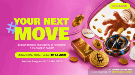 #MyNextMove – Nanosocial Promotional banner for Nanosocial with bold "YOUR NEXT MOVE" text, yellow on pink, plus coins, a compass, and a gold bar background image.