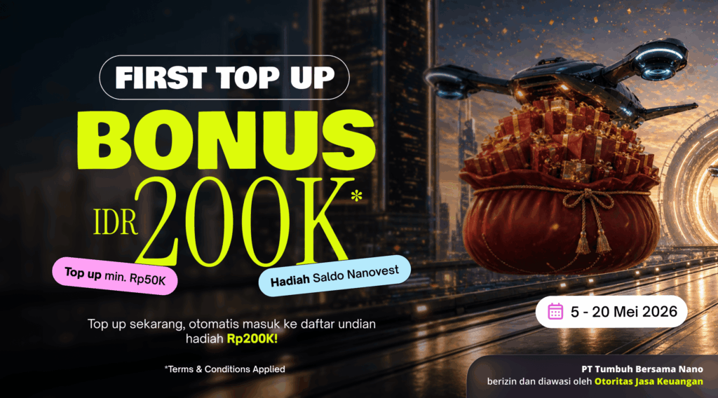 FIRST TOP UP, BONUS 200K (MEI 2026) Promotional banner advertising a top-up bonus of 200K with gifts, urging users to top up now for a chance to win.