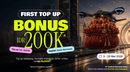 FIRST TOP UP, BONUS 200K (MEI 2026) Promotional banner advertising a top-up bonus of 200K with gifts, urging users to top up now for a chance to win.