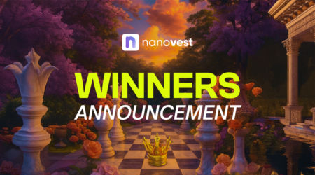 WINNER ANNOUNCEMENT – FIRST TOP UP CAMPAIGN MEI 2026 Banner announcing Nanovest winners with bold lime-green 'WINNERS' over a floral chessboard and gold crown centerpiece.