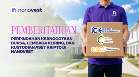Informasi Penting: Perpindahan Keanggotaan Bursa Aset Kripto di Nanovest Nanovest banner with a pink Indonesian headline; a person in a purple shirt holds a box bearing crypto logos (ICX, CAC I, Indonesia Crypto Custodian).