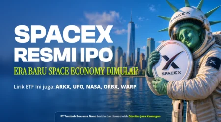 SpaceX Resmi IPO, Era Baru Space Economy Dimulai? Astronaut in a spacesuit holding a SpaceX emblem with a city skyline and water in the background; bold white headline about SpaceX IPO.