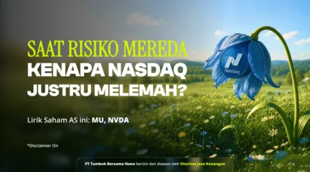 Saat Risiko Mereda, Kenapa Nasdaq Justru Melemah? Indonesian promotional banner about NASDAQ weakness, with bold yellow and white text over a field and a blue flower carrying the Nasdaq logo on the right.