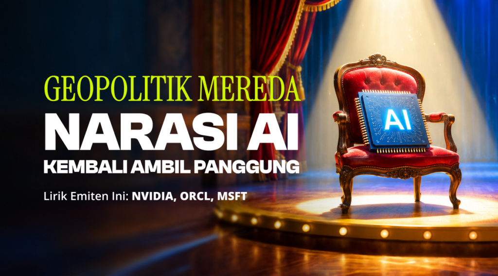 Geopolitik Mereda, Narasi AI Kembali Ambil Panggung Banner on a stage with lime-green 'GEOPOLITIK MEREDA' and bold white 'NARASI AI' text; a red velvet chair on the right holding a glowing AI-chip tablet.