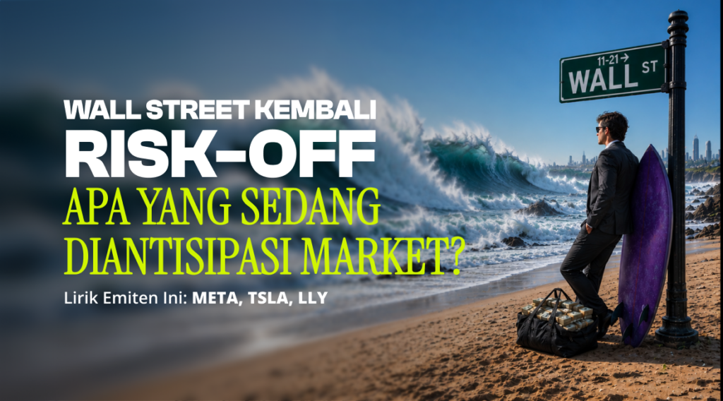 Wall Street Kembali Risk-Off, Apa yang Sedang Diantisipasi Market? Promotional banner: a man in a suit by a surfboard next to a Wall Street street sign, with bold white and neon-yellow text about risk-off investing.