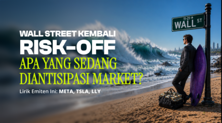 Wall Street Kembali Risk-Off, Apa yang Sedang Diantisipasi Market? Promotional banner: a man in a suit by a surfboard next to a Wall Street street sign, with bold white and neon-yellow text about risk-off investing.