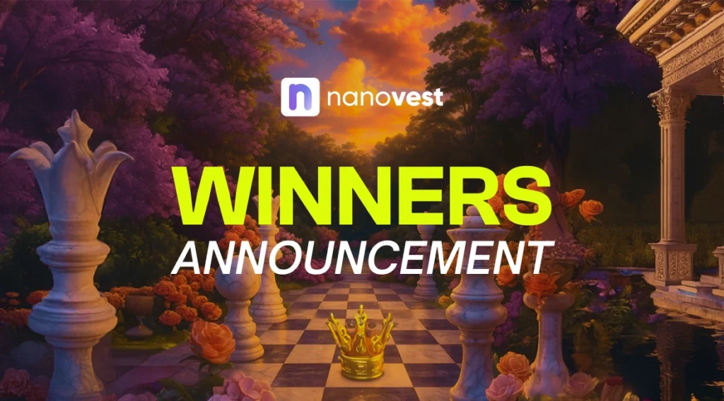 WINNER ANNOUNCEMENT – FIRST TOP UP CAMPAIGN JULI 2026 Nanovest winners announcement banner with a glowing yellow 'WINNERS' over a garden chessboard and crown.