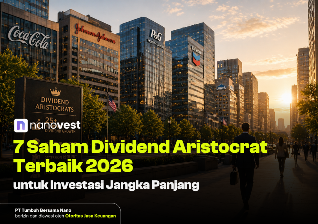 7 Saham Dividend Aristocrat Terbaik 2026 untuk Investasi Jangka Panjang Sunset over a corporate skyline; foreground shows a Dividend Aristocrats sign and a bold Indonesian headline about top dividend stocks for 2026.