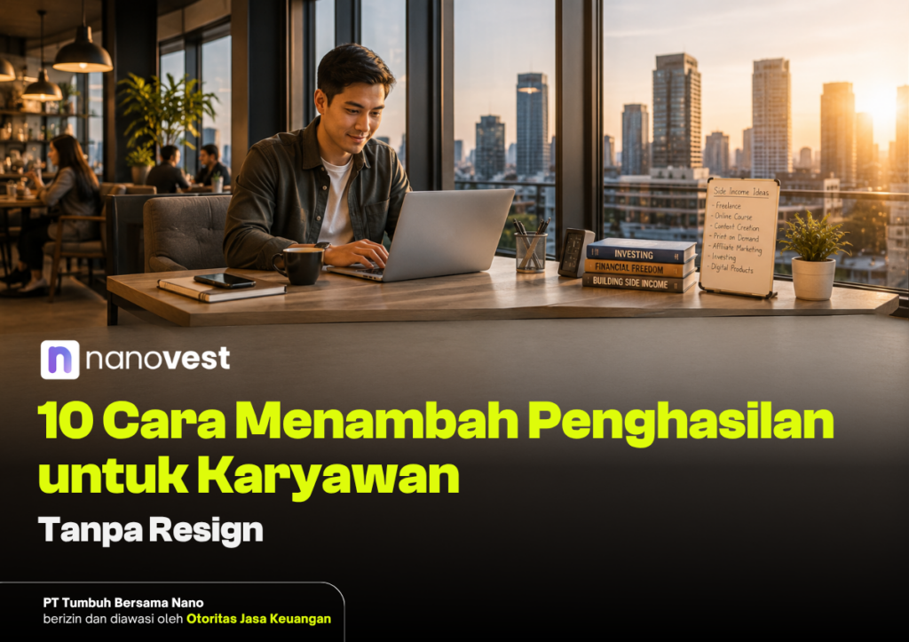 10 Cara Menambah Penghasilan untuk Karyawan Tanpa Resign Man typing on a laptop at a cafe desk with a city skyline and sunset outside, plus a coffee mug and books nearby