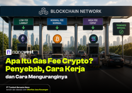 Toll booth withBlockchain Network sign and crypto logos (Ethereum, Bitcoin, Solana); Indonesian article about crypto gas fees.