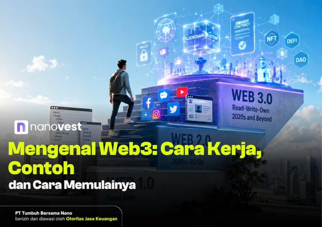 Mengenal Web3: Cara Kerja, Contoh dan Cara Memulainya Hero image showing a person climbing a block tower labeled Web 2.0 and Web 3.0, illustrating Web3 concepts for an article intro on Web3.