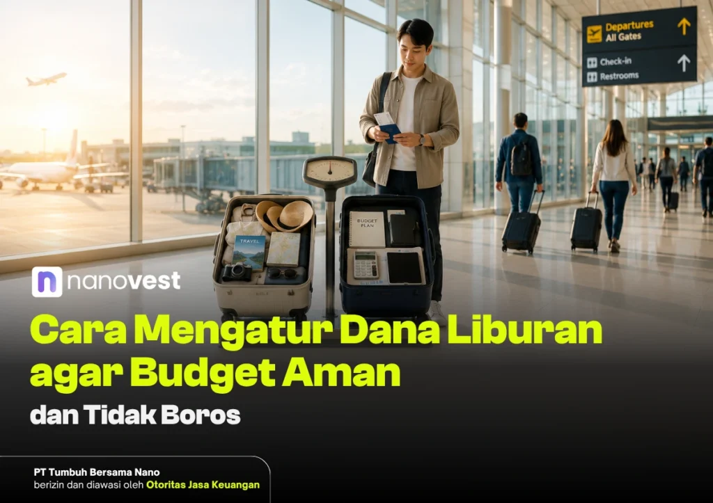 7 Cara Mengatur Dana Liburan agar Budget Aman dan Tidak Boros Man at an airport with two open suitcases, packing as travelers walk by in the background.
