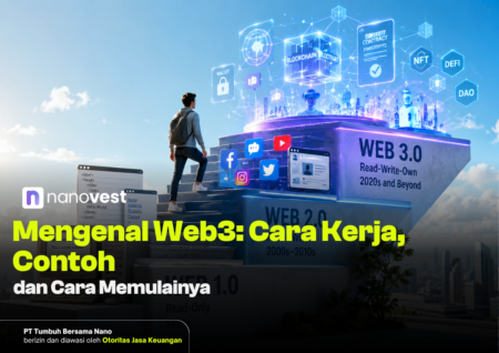 Mengenal Web3: Cara Kerja, Contoh dan Cara Memulainya Hero image showing a person climbing a block tower labeled Web 2.0 and Web 3.0, illustrating Web3 concepts for an article intro on Web3.