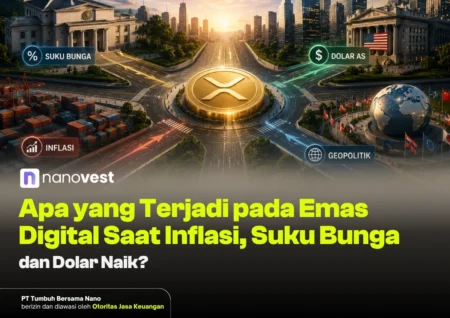 Apa yang Terjadi pada Emas Digital Saat Inflasi, Suku Bunga, dan Dolar Naik? Infographic banner with a central crypto coin at a roundabout crossroads; labels read: Suku Bunga, Dolar AS, Inflasi, Geopolitik; background shows a city skyline, globe, and flags, with the NanoVest logo and Indonesian headline about gold during inflation and rising rates and dollar.