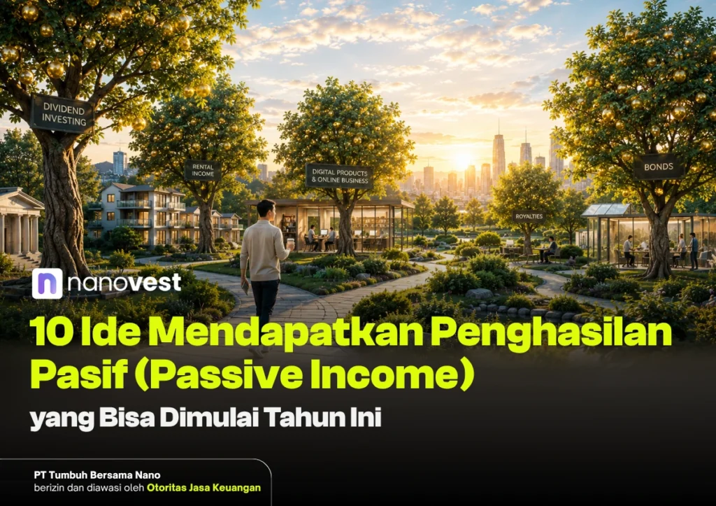 10 Ide Mendapatkan Penghasilan Pasif (Passive Income) yang Bisa Dimulai Tahun Ini Sunset park scene with investment-topic signs (Dividend Investing, Bonds, Rental Income) and Nanovest branding for a passive income article/guide.