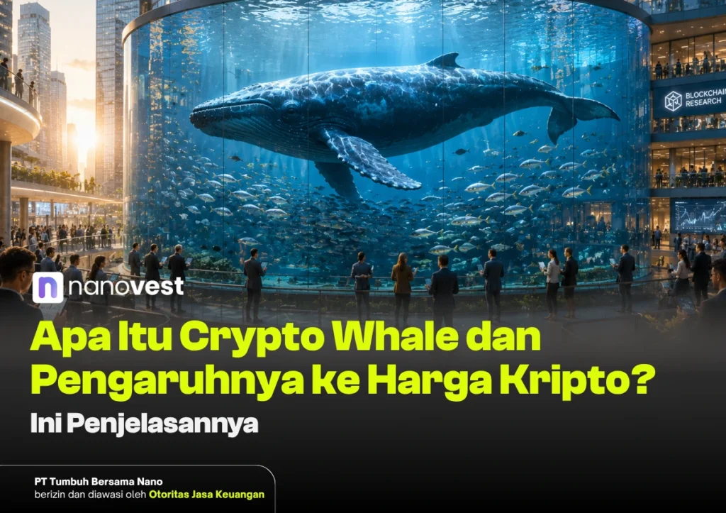 Apa Itu Crypto Whale dan Pengaruhnya ke Harga Kripto? Hero image of a giant whale tank in a modern atrium with people gazing at the display; overlaid article title about what a crypto whale means for crypto prices (Nanovest).
