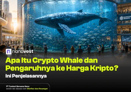 Apa Itu Crypto Whale dan Pengaruhnya ke Harga Kripto? Hero image of a giant whale tank in a modern atrium with people gazing at the display; overlaid article title about what a crypto whale means for crypto prices (Nanovest).