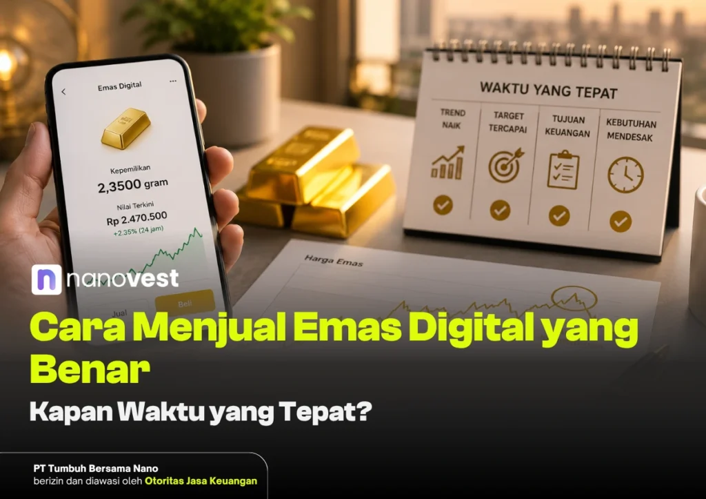 Cara Menjual Emas Digital yang Benar: Kapan Waktu yang Tepat? Phone screen showing digital gold app with gold bars and a rising chart on a desk.