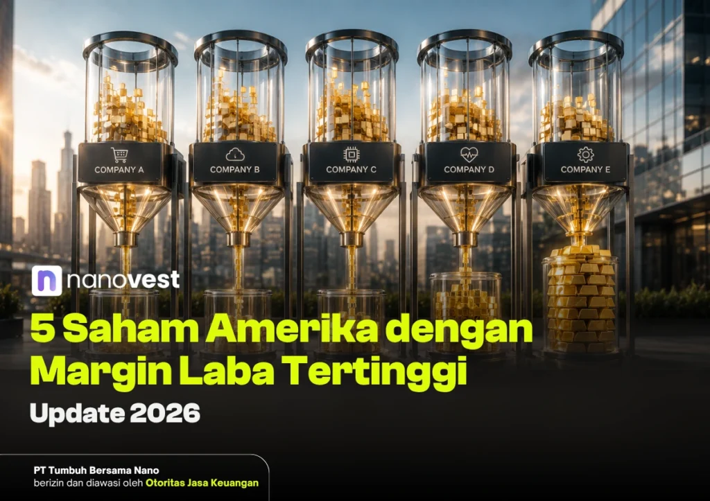 5 Saham Amerika dengan Margin Laba (Net Profit Margin) Tertinggi (Update 2026) Five glass capsules filled with gold bars labeled A–E on a futuristic podium, logo and bold Indonesian headline about top-margin U.S. stocks (2026).