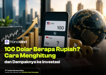 100 Dolar Berapa Rupiah? Ini Cara Menghitung dan Dampaknya ke Investasi Thumbnail of a financial scene: smartphone showing USD 100 vs IDR, globe, and rising gold bars for currency and investment themes in Indonesian.